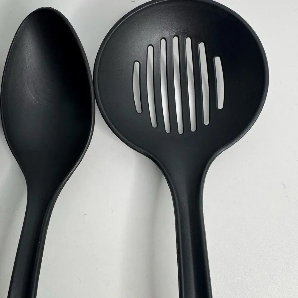 Set of 4 Utensils Black Plastic Slotted Serving Spoons, Ladle Heat Resistant USA